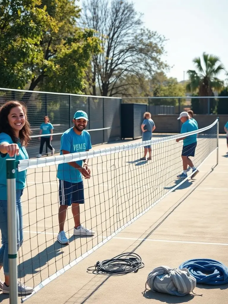 A photo of volunteers setting up a community volleyball event, highlighting the organization's commitment to local engagement.