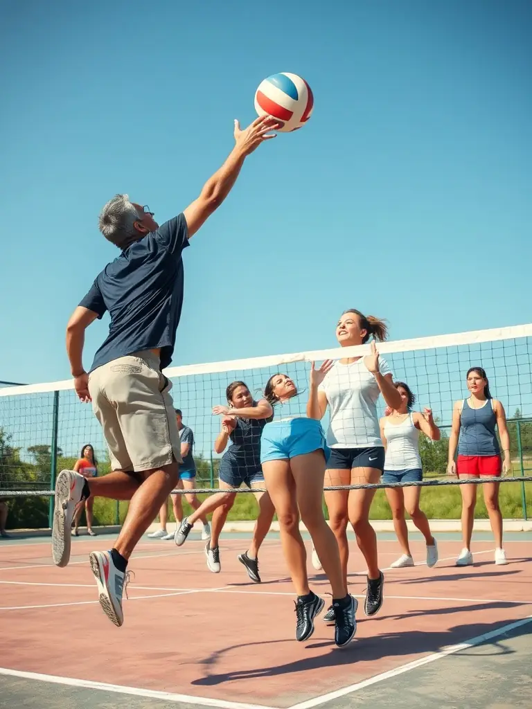 A group of adult players engaged in a competitive volleyball match, showcasing the intensity and camaraderie of the sport.