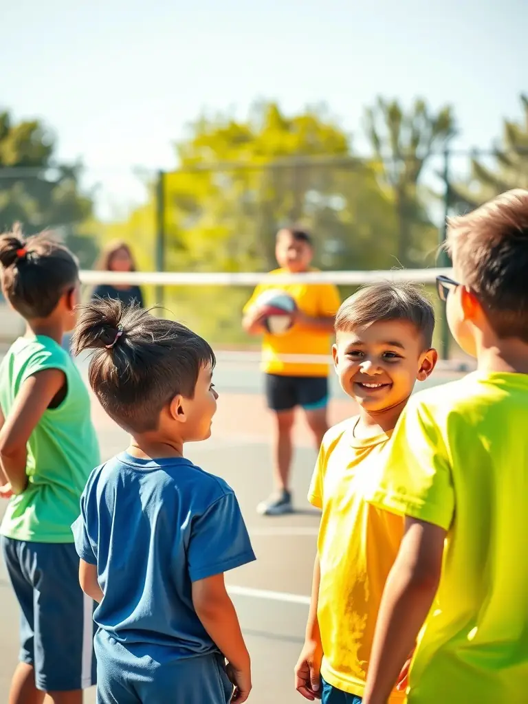 A dynamic shot of children participating in a volleyball clinic, focusing on learning basic skills with enthusiastic coaches.