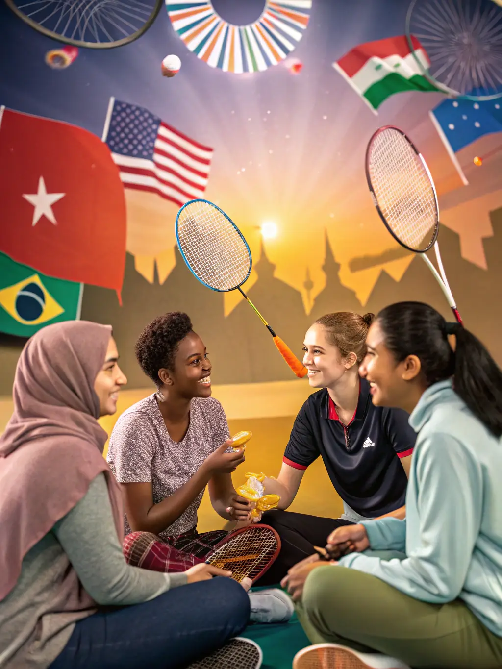 A diverse group of volleyball players participating in a community outreach program, interacting with local residents and promoting the sport, set in a public park.