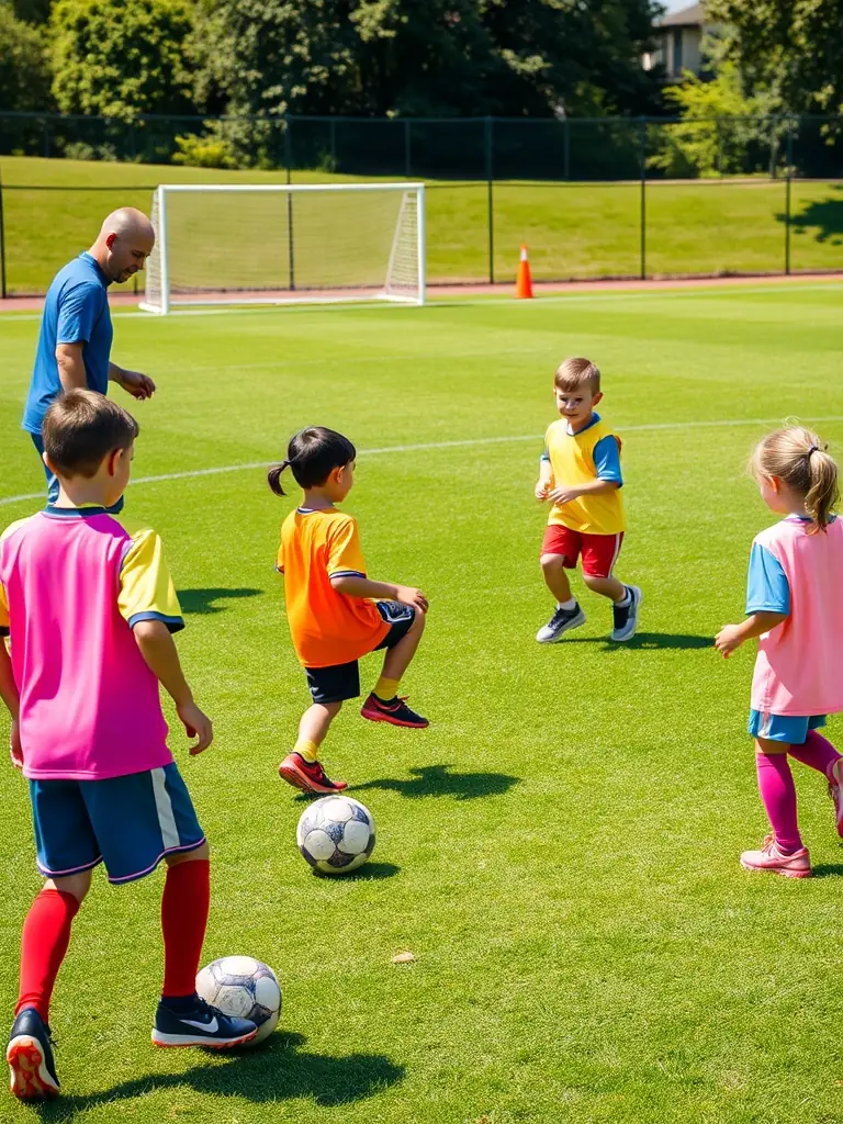 A vibrant image of young children participating in a volleyball training session at LOUVIERS ARCHE VOLLEY BALL, focusing on fundamental skills and teamwork.