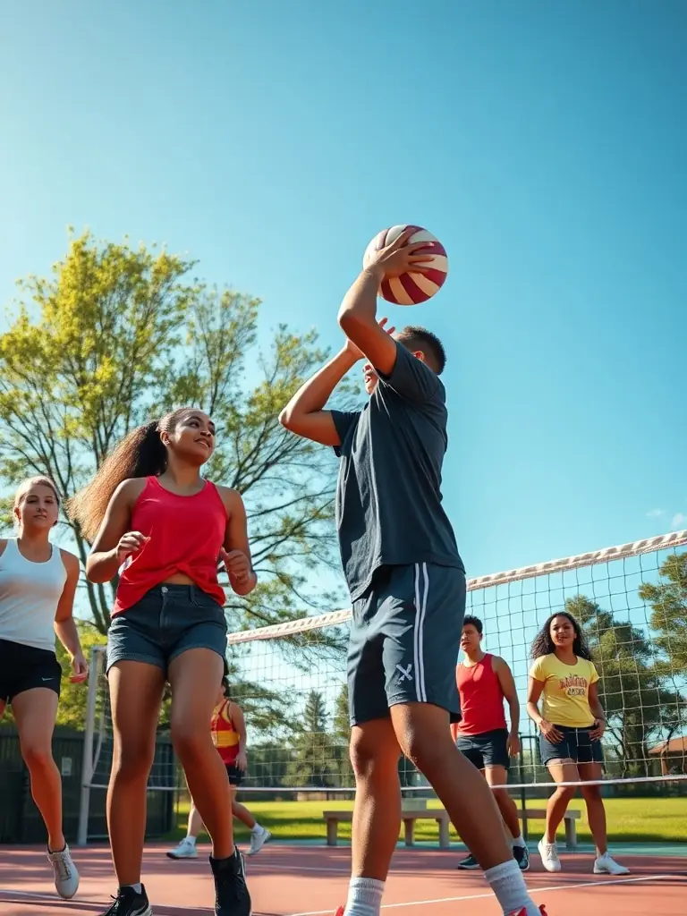 A group photo of LOUVIERS ARCHE VOLLEY BALL members participating in a community outreach event, promoting volleyball and healthy lifestyles.