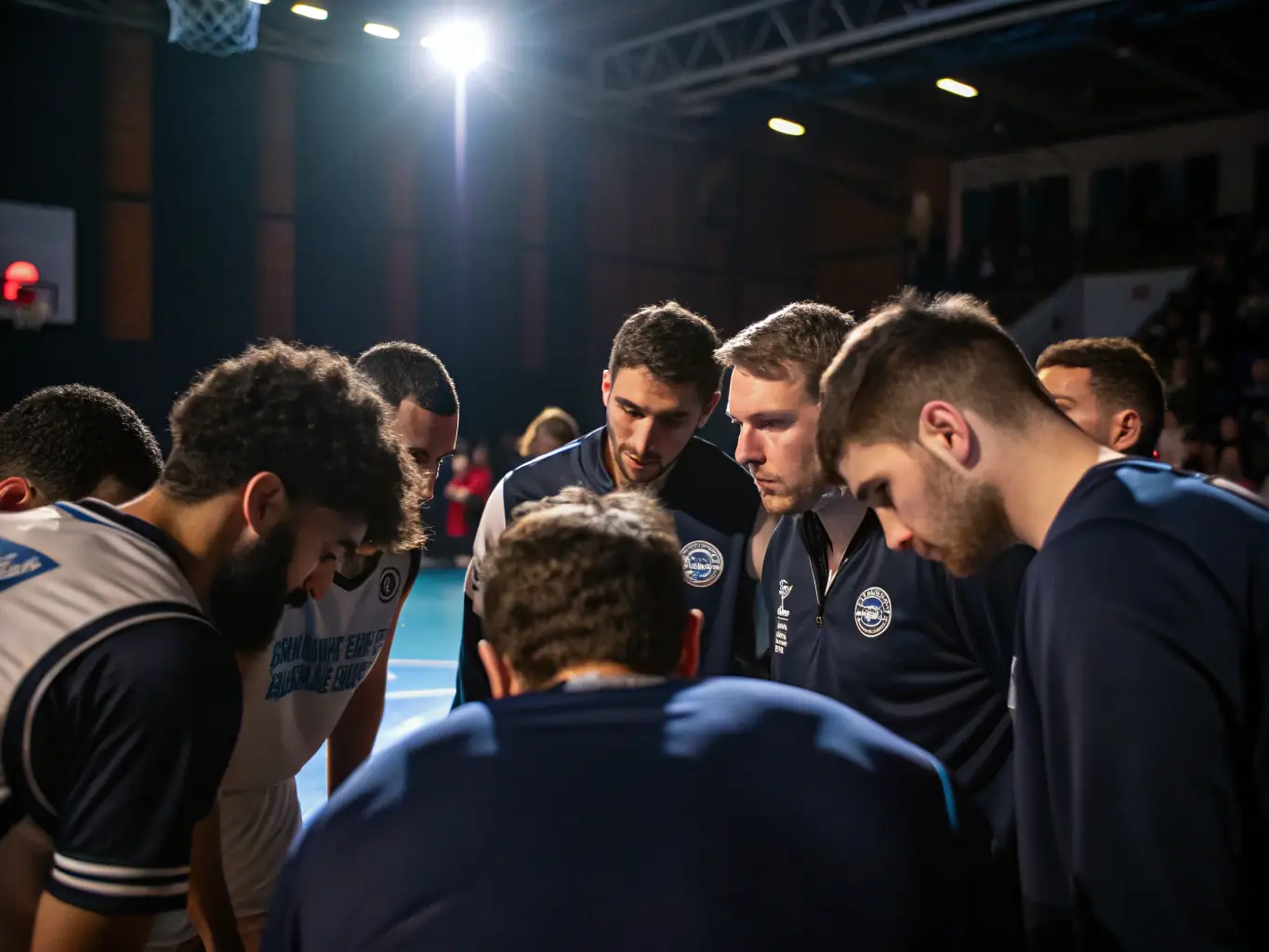 A team huddle during a volleyball match, illustrating the strong team spirit and collaboration among players.