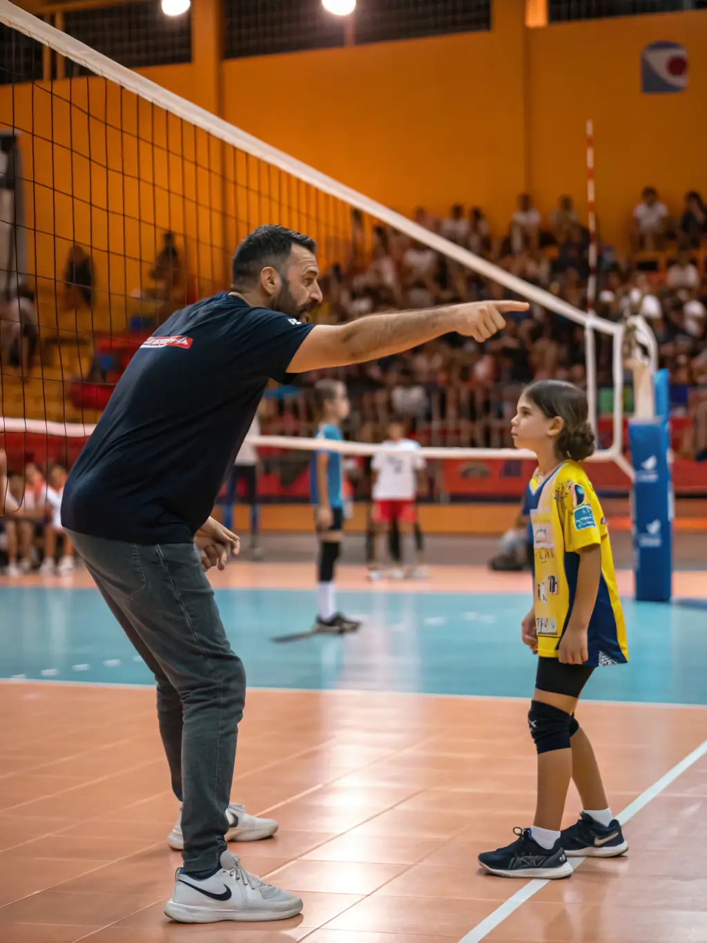 A photograph of a coach guiding players during a specialized training camp at LOUVIERS ARCHE VOLLEY BALL, emphasizing advanced techniques and strategic gameplay.