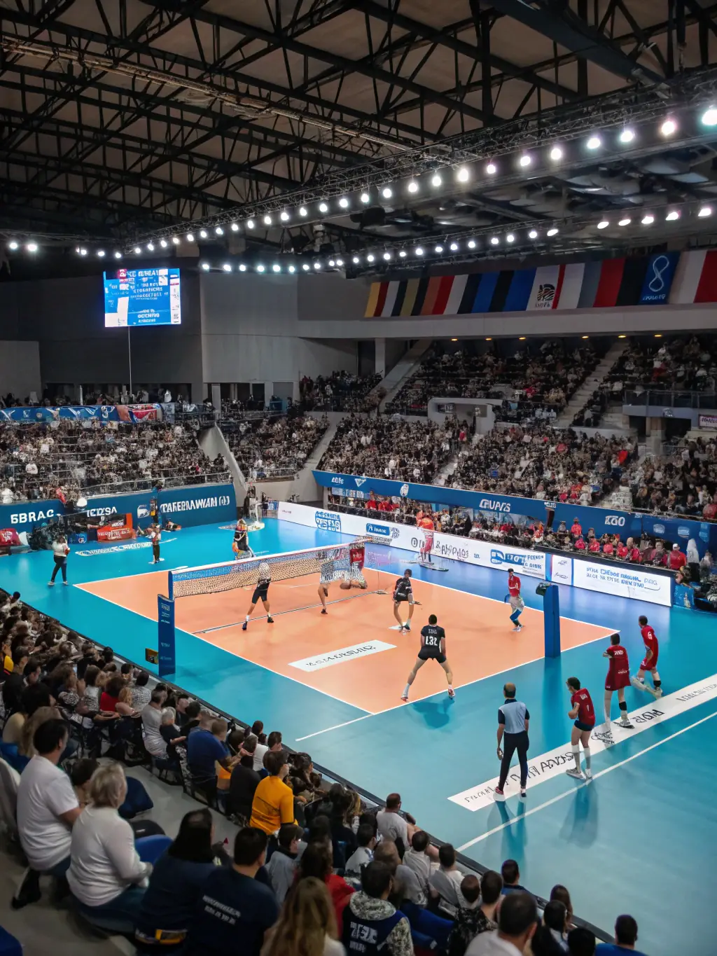 Image of adult volleyball players in a competitive match, showcasing the intensity and excitement of the sport, with spectators cheering in the background.