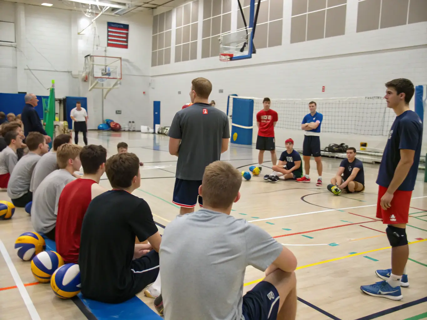 A group of diverse individuals playing volleyball indoors, showcasing teamwork and camaraderie during a practice session.